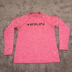 Under Armour RUN Shirt Mens Large Red Pullover Long Sleeve Athletic Stretch Logo